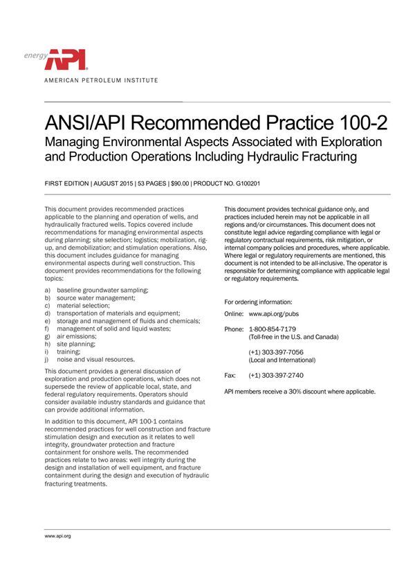 API 100-2《与环境管理相关的勘探和生产作业包括水力压裂推荐做法》第1版
