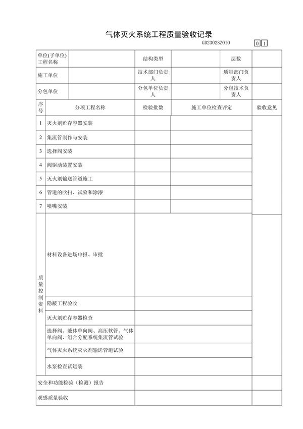 气体灭火系统工程质量验收记录