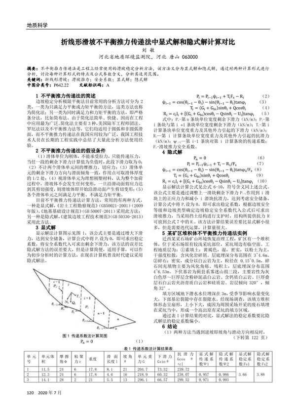 折线形滑坡不平衡推力传递法中显式解和隐式解计算对比