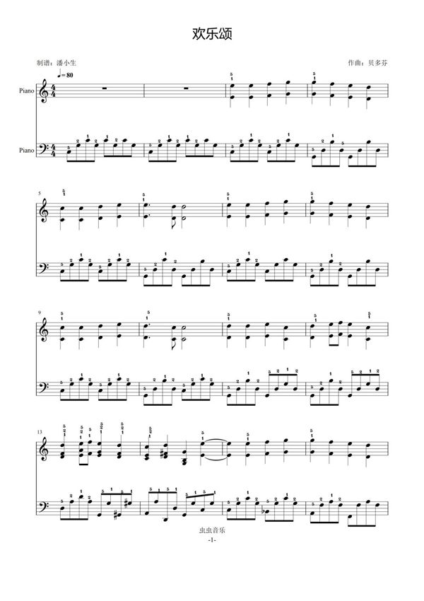 欢乐颂 完整指法 C调 初学者优选 贝多芬 简化版钢琴谱钢琴简谱 数字谱 钢琴双手简谱
