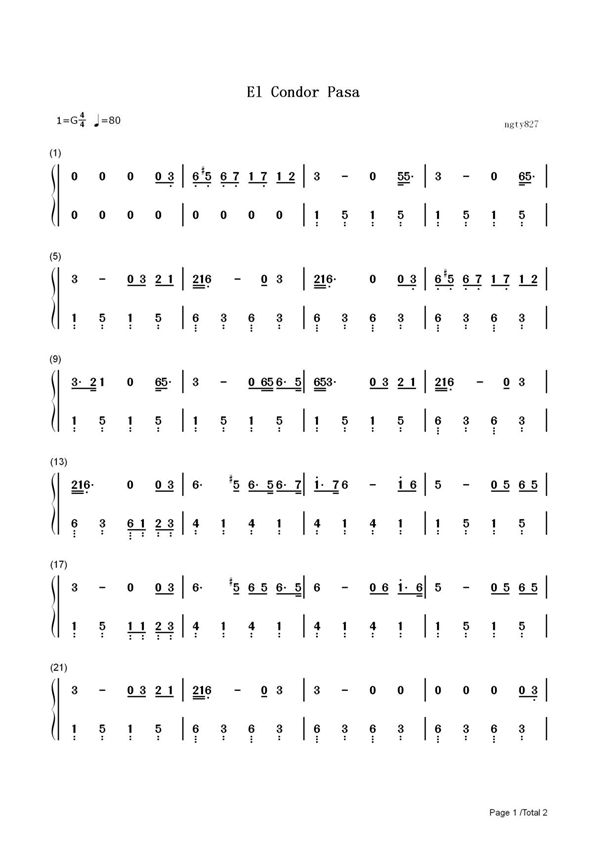 钢琴谱 山鹰之歌-El Cóndor Pasa-简单版-秘鲁印第安世界名曲 双手简谱 共2张(全)