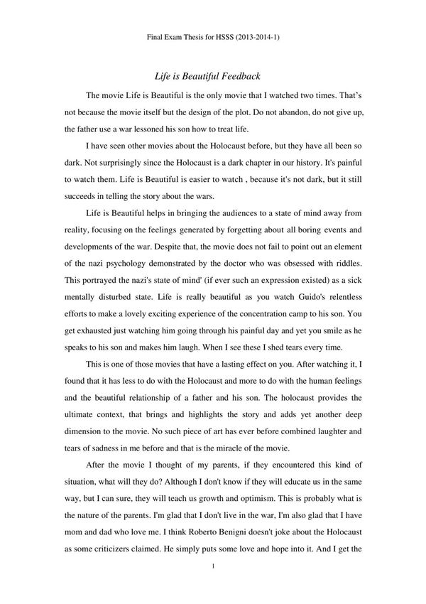 《美丽人生》电影观后感 英文篇