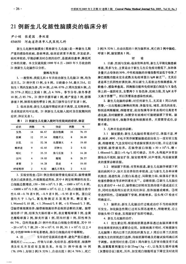 21例新生儿化脓性脑膜炎的临床分析尹小娟张爱国李双苗