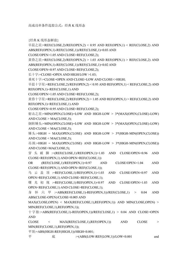 高成功率条件选股公式 经典K线形态