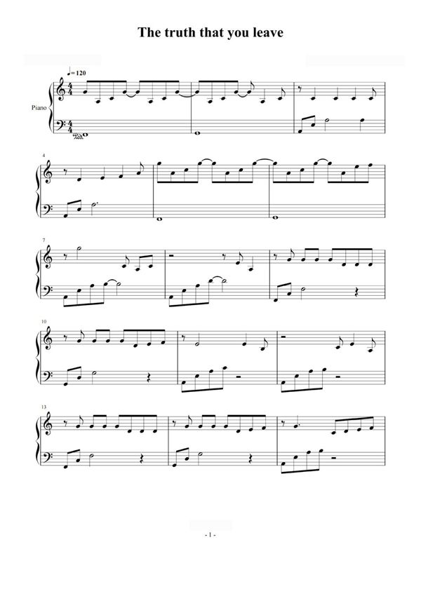 The Truth That You Leave C调简易版钢琴谱钢琴简谱 数字谱 钢琴双手简谱