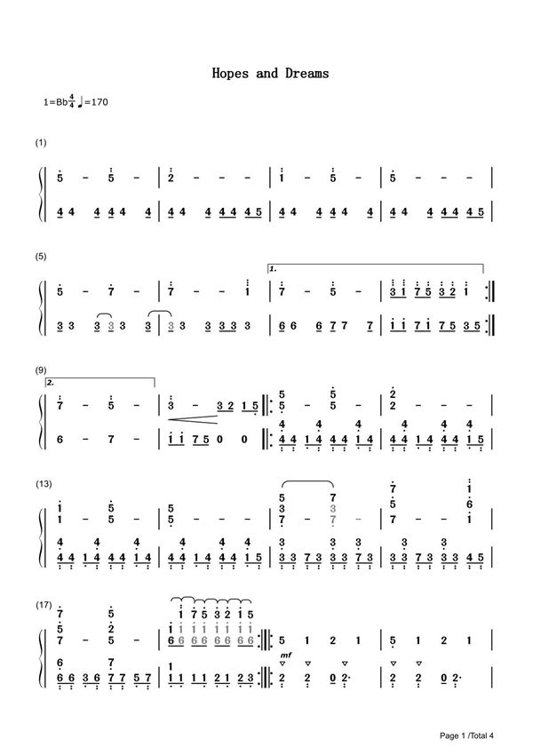 Hopes and Dreams简谱钢琴谱 简谱双手数字完整版原版