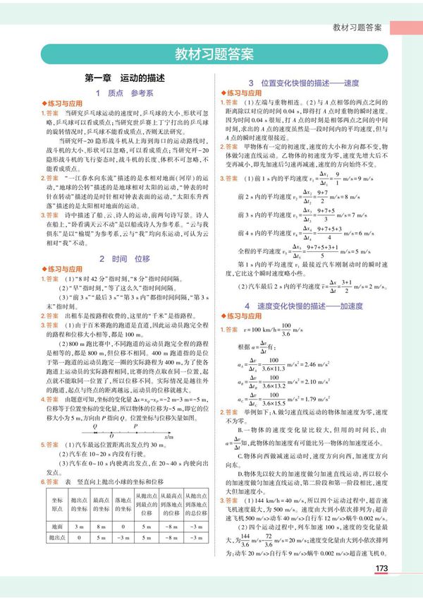 新教材人教版物理必修第一册 教材习题答案