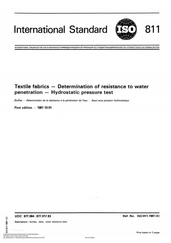 ISO 811 1981 纺织织物 抗渗水性的测定 静水压试验
