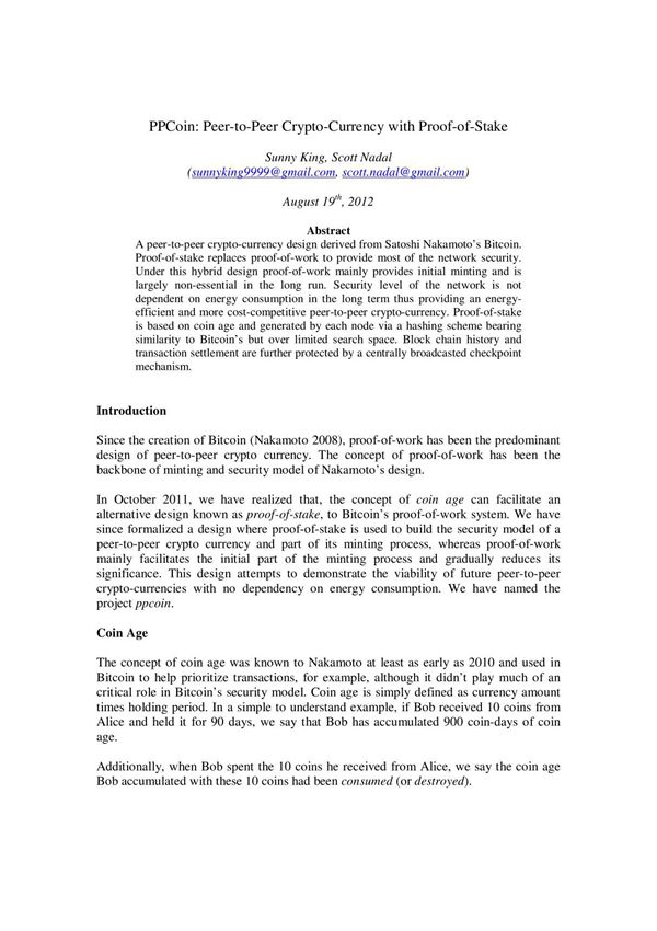 ppcoin peer-to-peer crypto-currency with proof-of-stake ppcoin对等证明股权对等加密货币