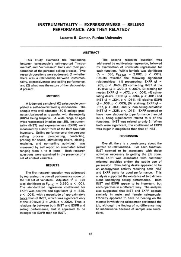 Instrumentality – Expressiveness – Selling Performance  are They Related？