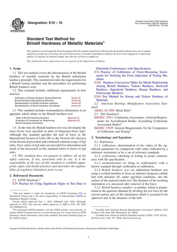 ASTM E10-10金属材料布氏硬度标准试验方法