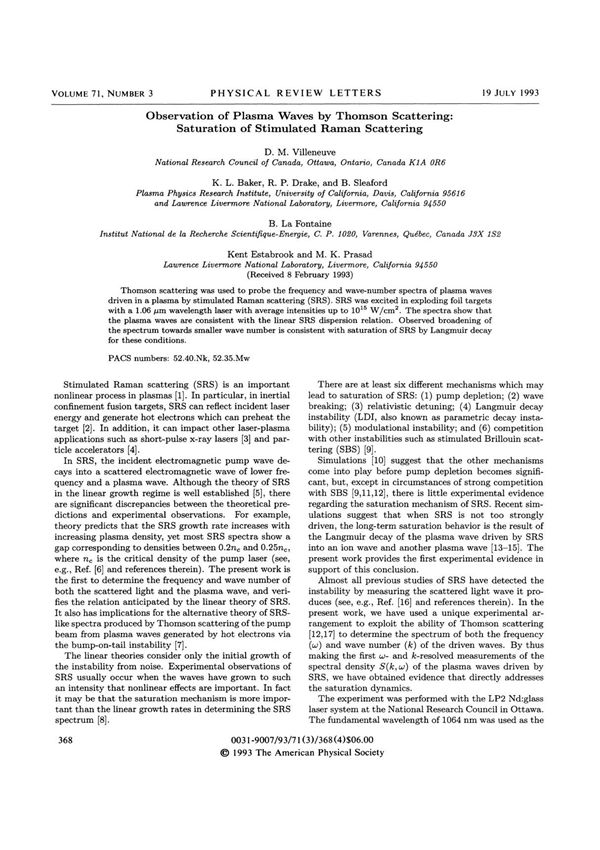 Baker et al. - 1993 - O b s e r v a t i o n of P l a s m a W a v e s b y T h o m s o n S c a t t e r i n g S a t u r a t i o n o