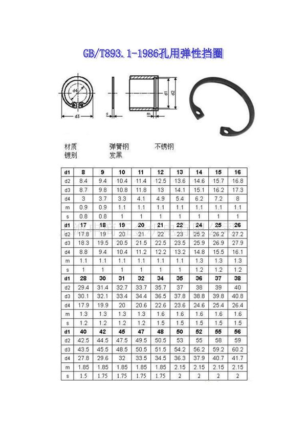 GBT893.1-1986孔用 轴用弹性挡圈国标