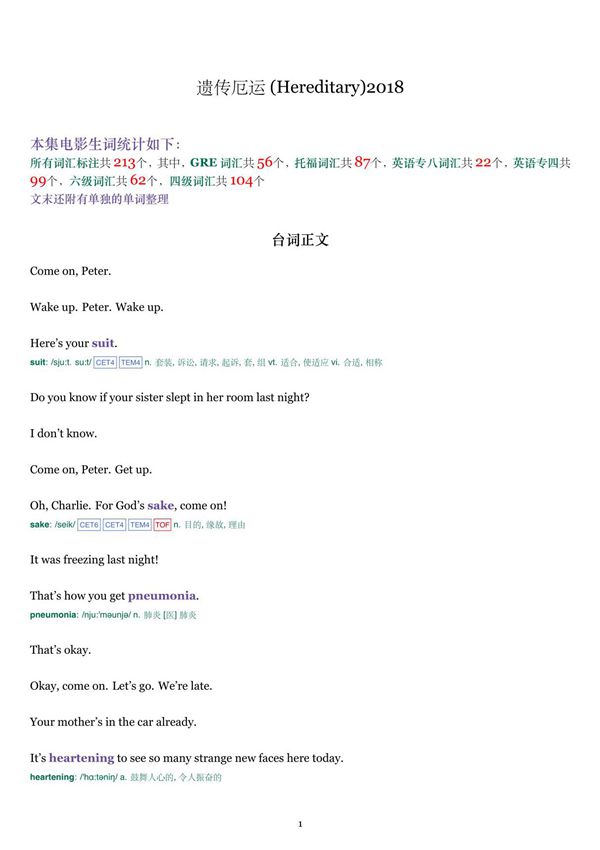 遗传厄运(Hereditary)2018 中英对照 台词本 纯英文单词版