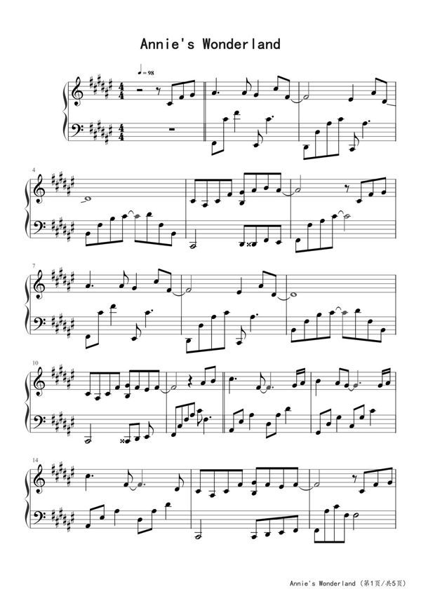 安妮的仙境钢琴谱五线谱
