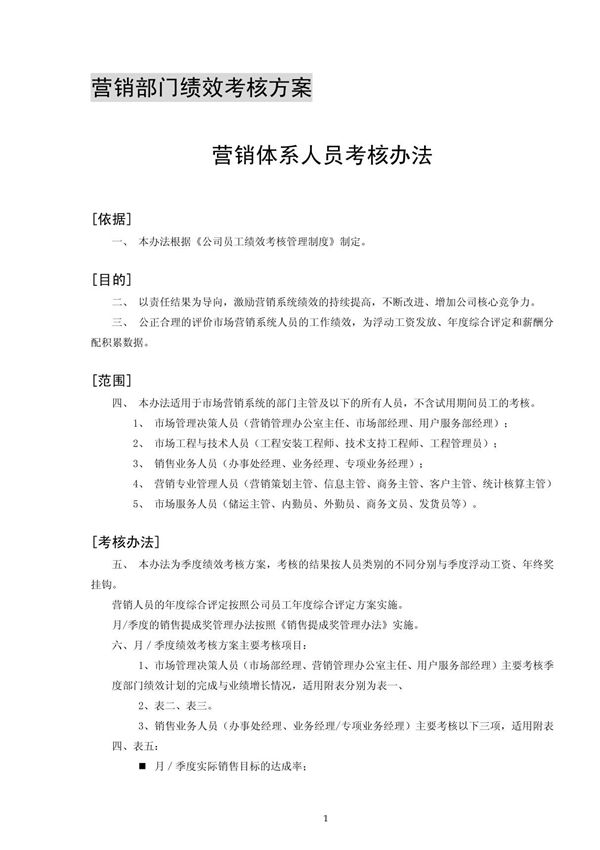 营销部门绩效考核方案