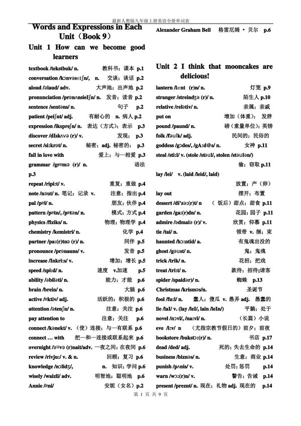 人教版九年级上册英语全册单词表