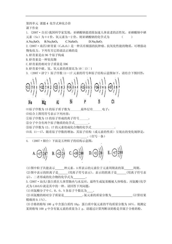 化学式和化合价  单元练习题及答案