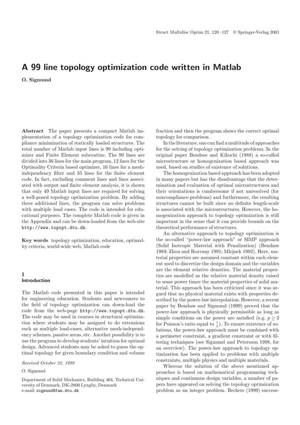 A 99 line topology optimization code written in Matlab