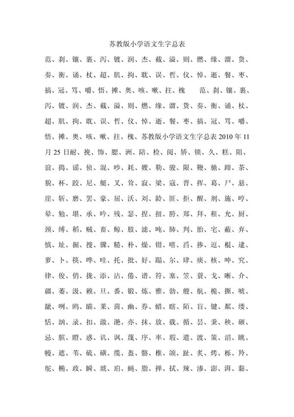 苏教版小学语文生字总表