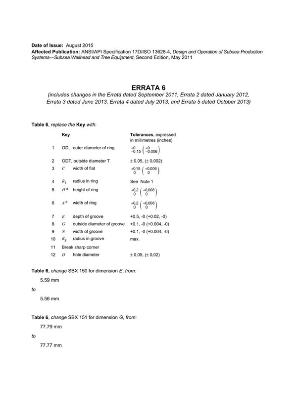 API 17D《水下生产系统的设计与操作－水下井口和采油树设备》第2版勘误表6