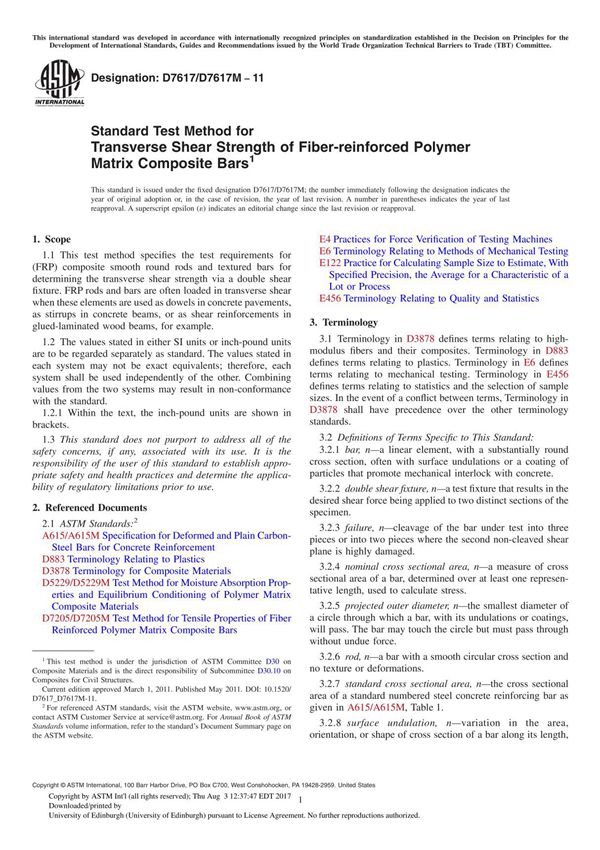 ASTM D7617D7617M 11 Standard Test Method for Transverse Shear Strength of Fiber-reinforced Polymer Matrix Composite Bars1
