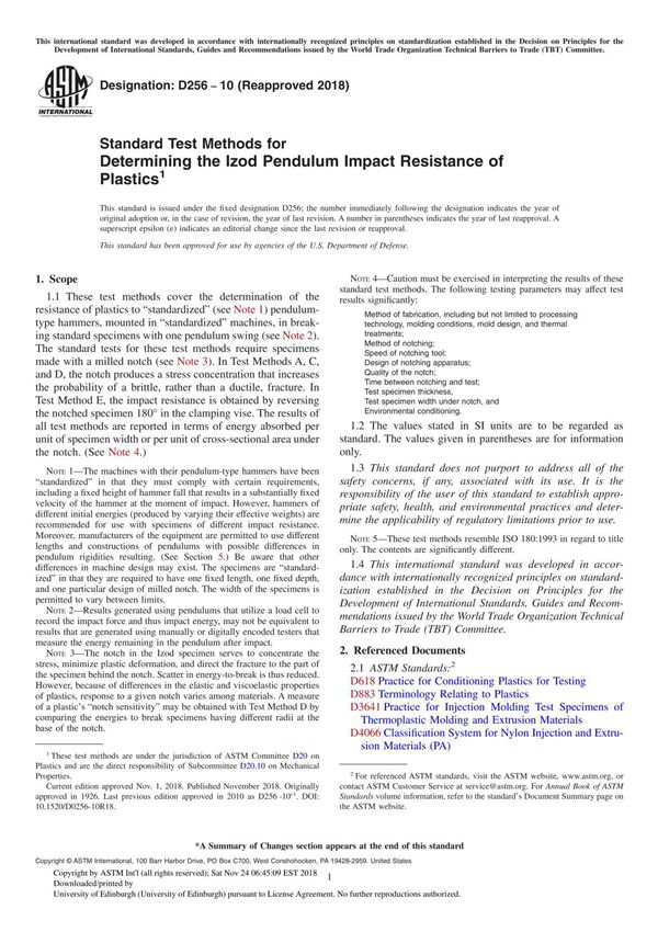 ASTM D256-10(2018) Standard Test Methods for Determining the Izod Pendulum Impact Resistance of Plastics