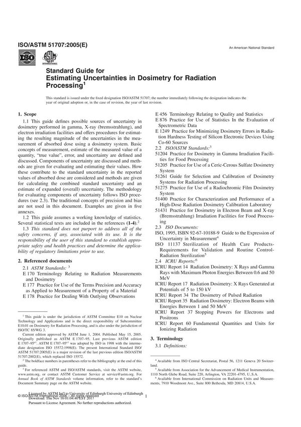 ISO ASTM 51707 - 05 Standard Guide for Estimating Uncertainties in Dosimetry for Radiation Processing