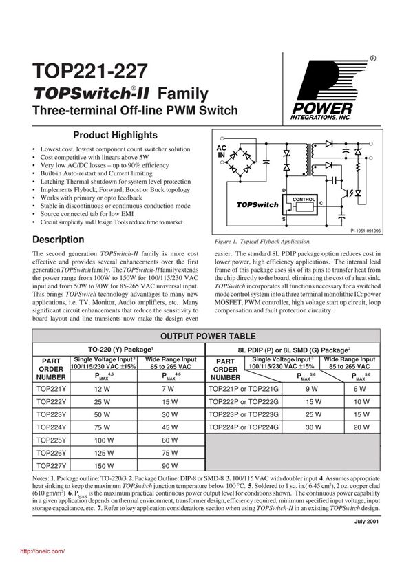 TOP224GN-TL;TOP221PN;TOP222YN;TOP223PN;TOP224PN;中文规格书,Datasheet资料