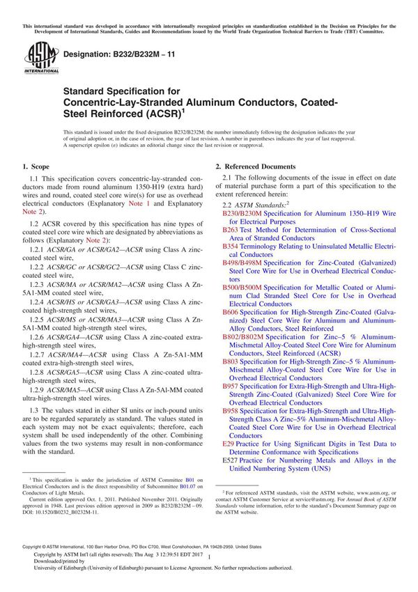 ASTM B232 B232M 11 Standard Specification for Concentric-Lay-Stranded Aluminum Conductors, Coated- Steel Reinforced (ACSR)1