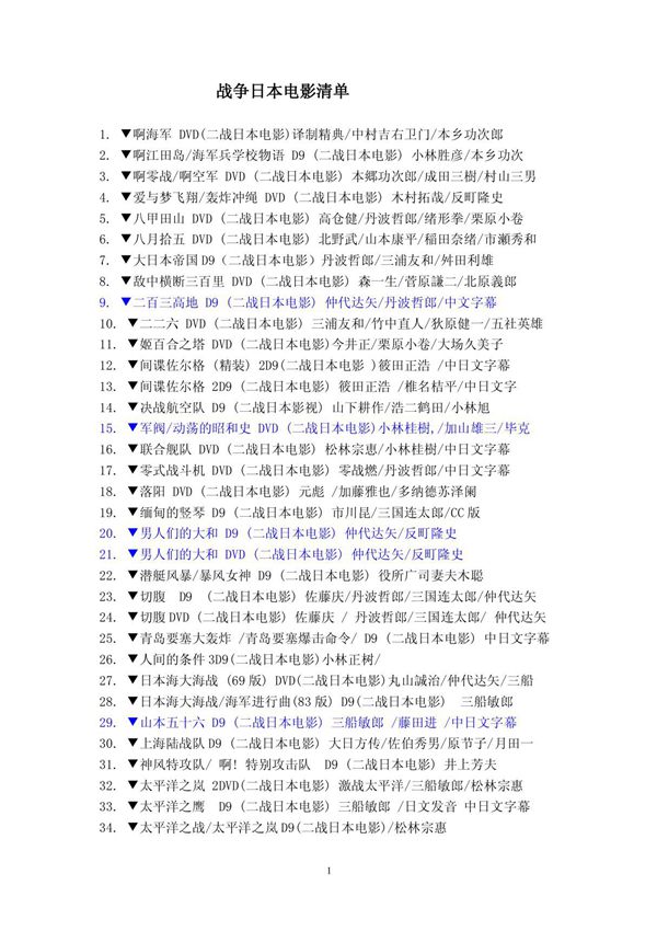 战争日本电影清单 1 啊海军DVD(二战日本电影)译制精典/中村吉右卫门