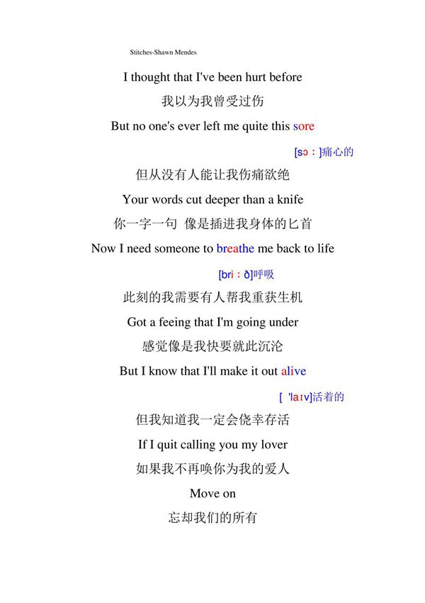 Stitches 歌词 中英文 配音标