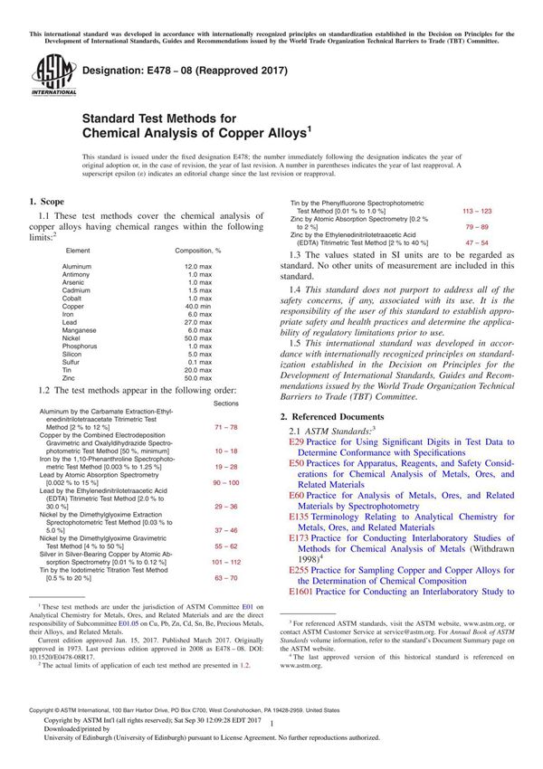 ASTM E478-08(2017) Standard Test Methods for Chemical Analysis of Copper Alloy