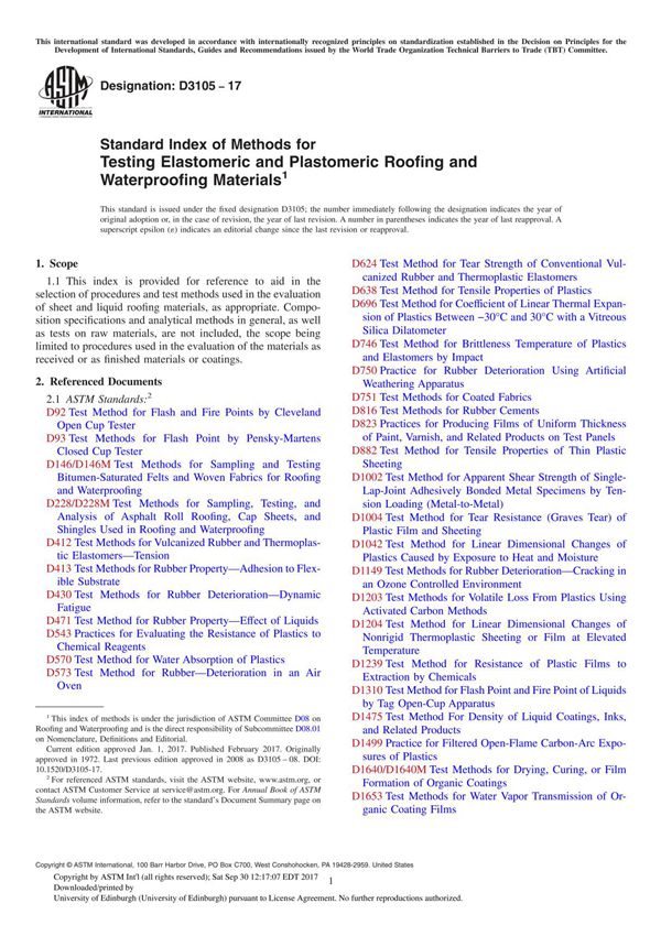 ASTM D3105-17 Standard Index of Methods for Testing Elastomeric and Plastomeric Roofing and Waterproofing Material
