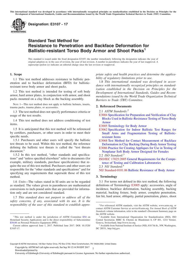 ASTM E3107-17 Standard Test Method for Resistance to Penetration and Backface Deformation for Ballistic-resistant Torso Body Arm