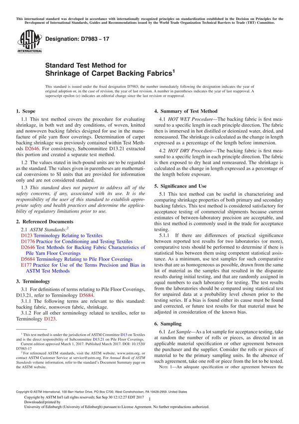 ASTM D7983-17 Standard Test Method for Shrinkage of Carpet Backing Fabric
