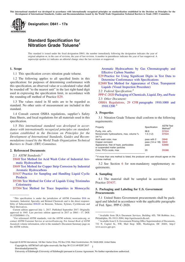 ASTM D841-17a Standard Specification for Nitration Grade Toluene