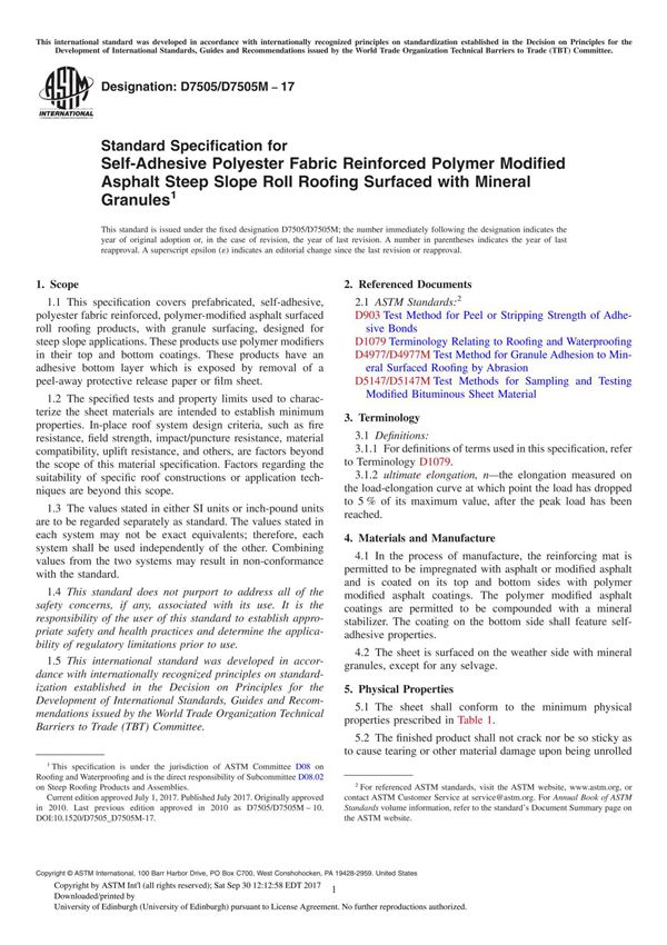 ASTM D7505 D7505M-17 Standard Specification for Self-Adhesive Polyester Fabric Reinforced Polymer Modified Asphalt Steep Slope R