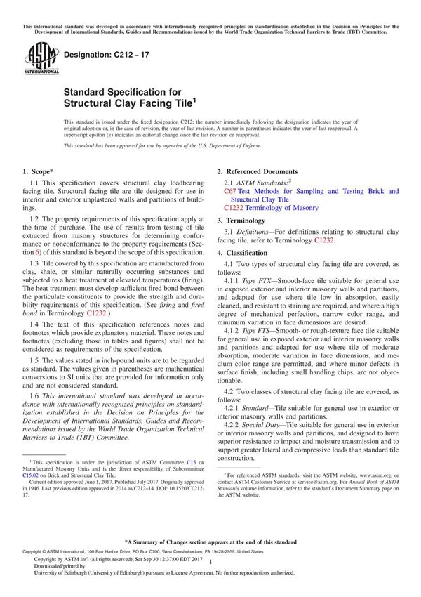 ASTM C212-17 Standard Specification for Structural Clay Facing Tile