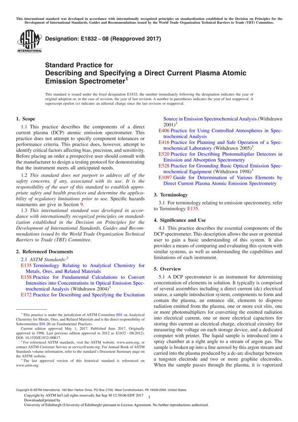 ASTM E1832-08(2017) Standard Practice for Describing and Specifying a Direct Current Plasma Atomic Emission Spectrometer