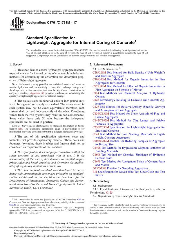 ASTM C1761 C1761M-17 Standard Specification for Lightweight Aggregate for Internal Curing of Concrete