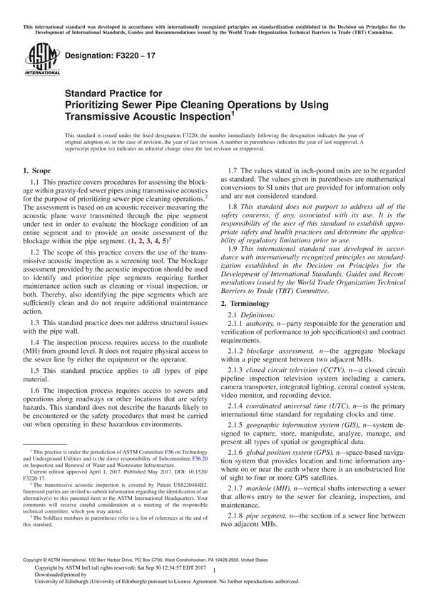 ASTM F3220-17 Standard Practice for Prioritizing Sewer Pipe Cleaning Operations by Using Transmissive Acoustic Inspection