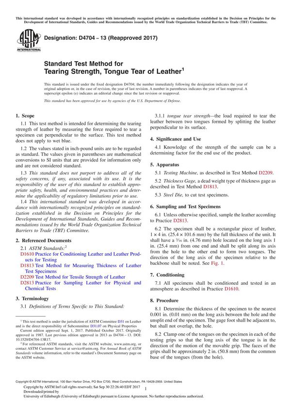 ASTM D4704-13(2017) Standard Test Method for Tearing Strength, Tongue Tear of Leather