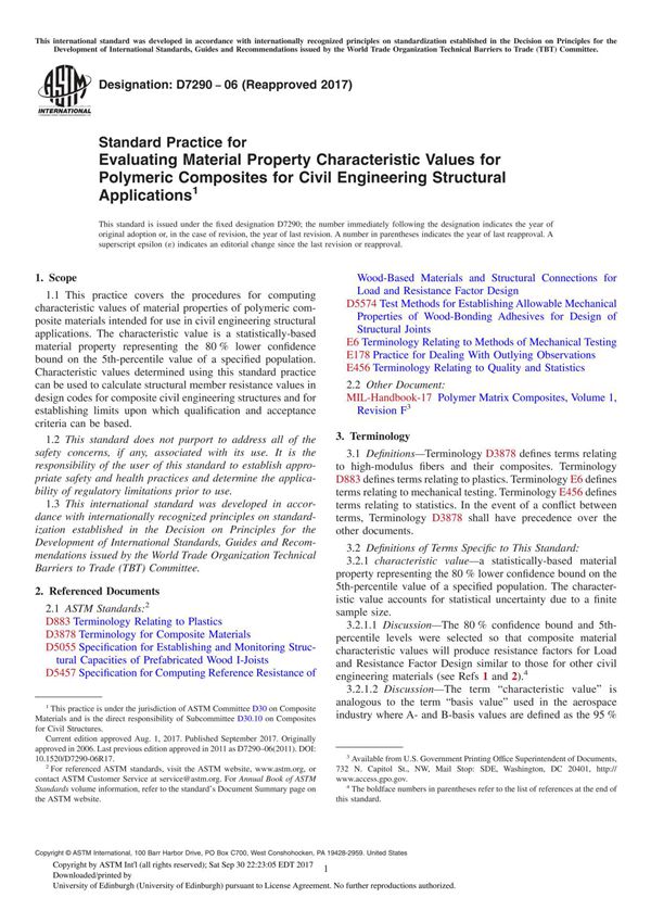 ASTM D7290-06(2017) Standard Practice for Evaluating Material Property Characteristic Values for Polymeric Composites for Civil