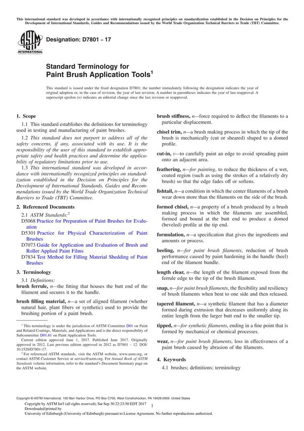 ASTM D7801-17 Standard Terminology for Paint Brush Application Tool
