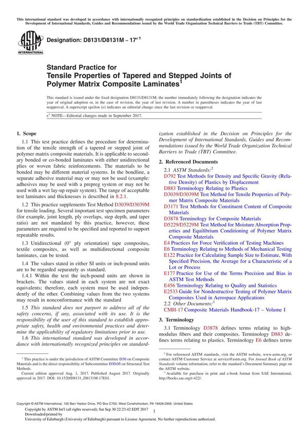 ASTM D8131 D8131M-17e1 Standard Practice for Tensile Properties of Tapered and Stepped Joints of Polymer Matrix Composite Lamina