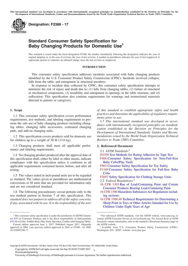 ASTM F2388-17 Standard Consumer Safety Specification for Baby Changing Products for Domestic Use
