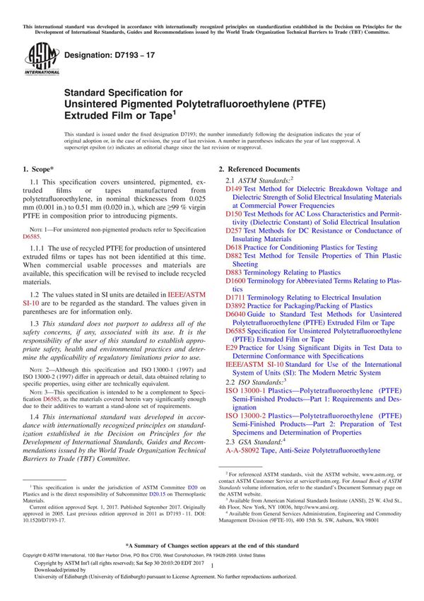 ASTM D7193-17 Standard Specification for Unsintered Pigmented Polytetrafluoroethylene (PTFE) Extruded Film or Tape
