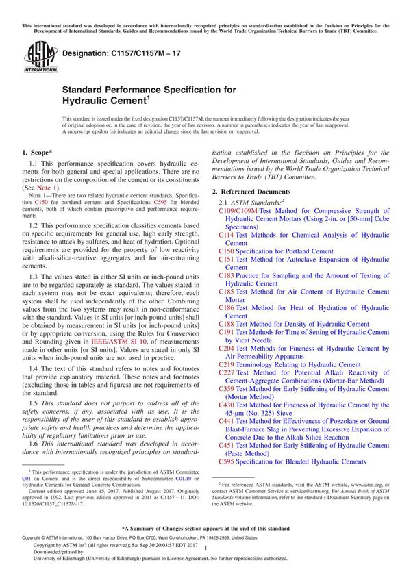 ASTM C1157 C1157M-17 Standard Performance Specification for Hydraulic Cement