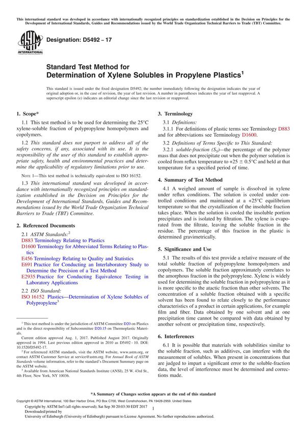 ASTM D5492-17 Standard Test Method for Determination of Xylene Solubles in Propylene Plastic